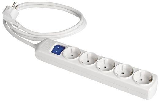 Extensão com 5 bases 2P+E, 16A 250V~, Com interruptor de luz. Cabo de 1,5m.